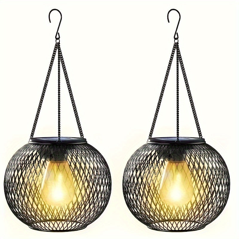 Solar Garden Lights Set of 2 Antique Metal Hanging Chandelier Style Outdoor Solar Pathway Yard Patio Lighting