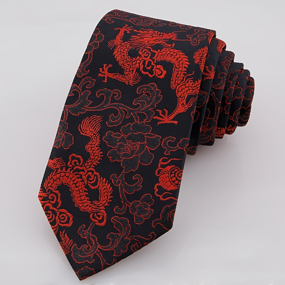 Men's Silk Tie with Hand-Embroidered Chinese Dragon and Peony Design