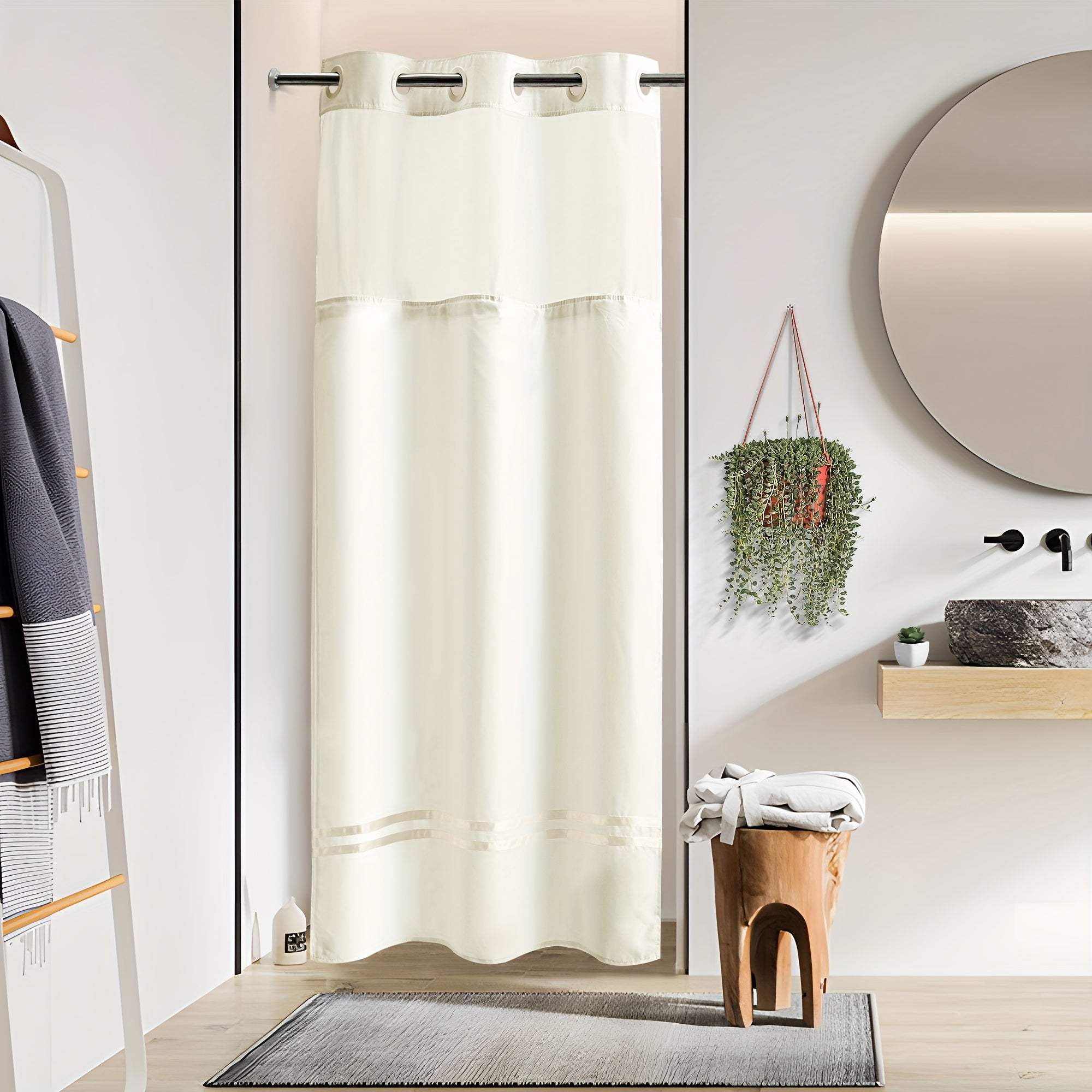 Chiziqli dush pardasi, snap-in astar bilan, tutqichlar talab qilinmaydi, mashinada yuvish mumkin, shaffof yuqori deraza bilan birga. Hammom bo'linmasi va aksessuarlar uchun ideal.