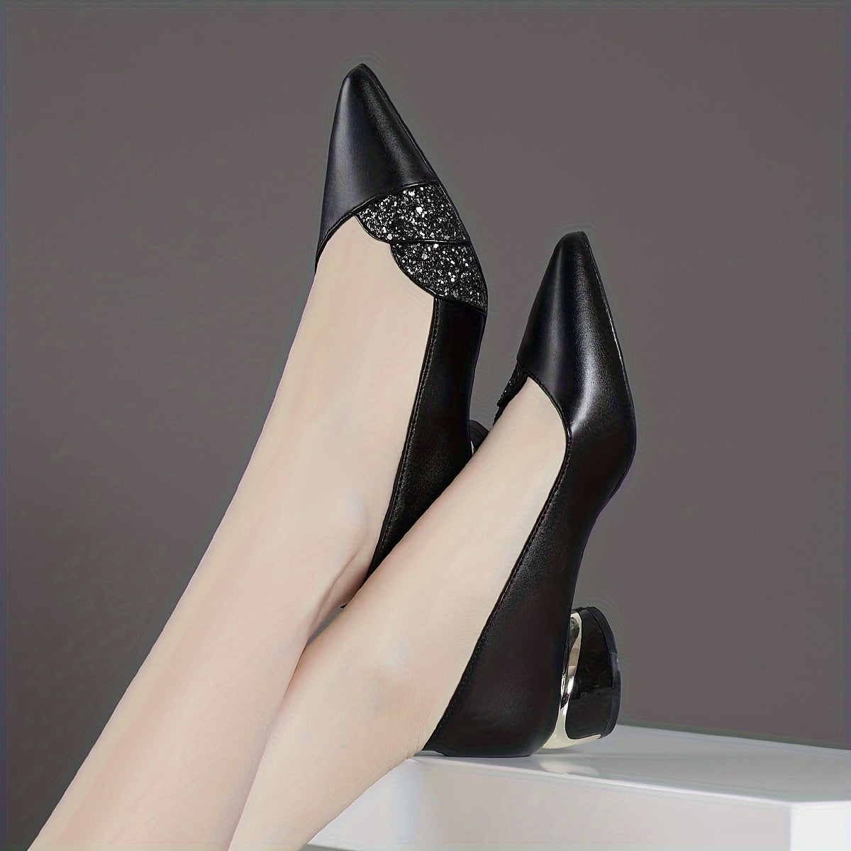 Women's Pointed-Toe Pumps with Rhinestone Detail and Chunky Heel for Fall