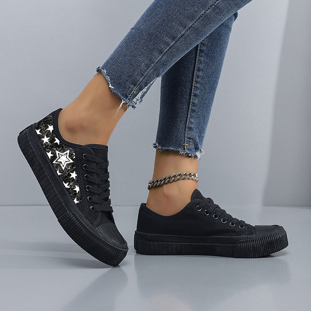 Women's Black White Star Print Casual Sneakers Low-Top Lace-Up Skate Shoes
