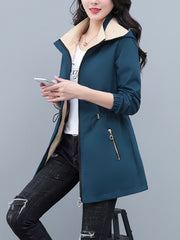 Women's Polyester Long Sleeve Hooded Windbreaker Jacket with Drawstring Waist for Spring and Fall
