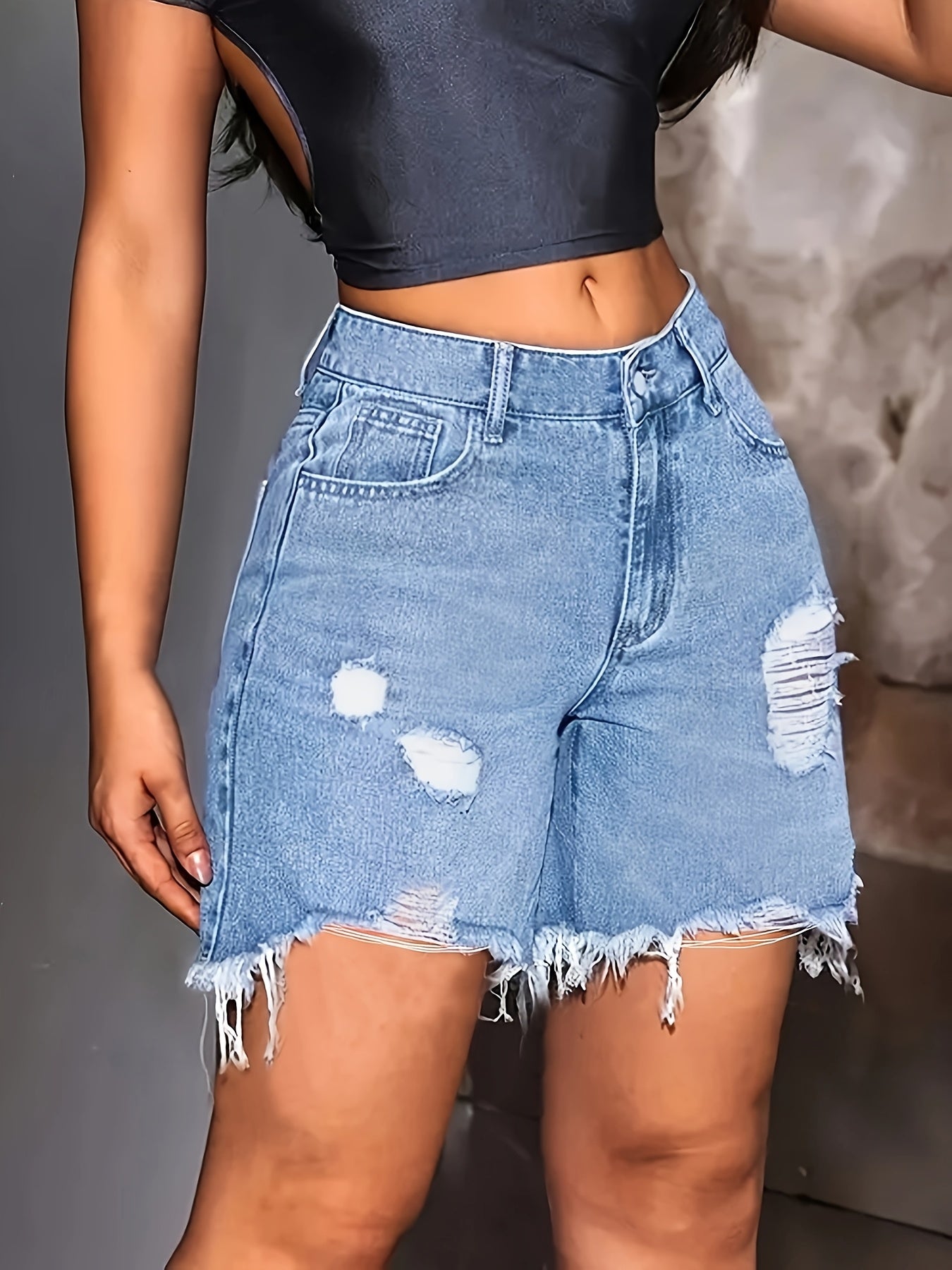 Women's Plus Size Distressed Denim Shorts High-Waisted Light Blue Casual Summer