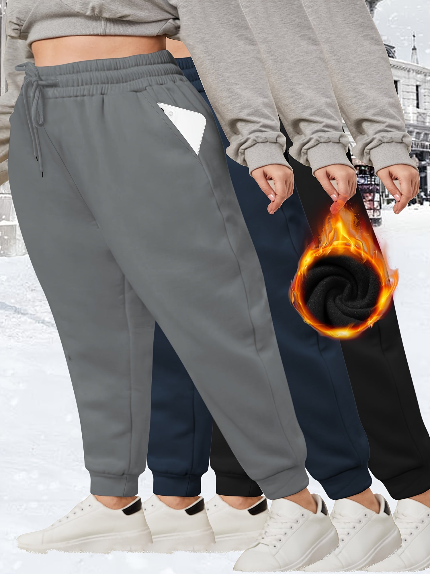 Plus Size Jogger Pants 3 Pack High Stretch Drawstring Waist Solid Cold Weather