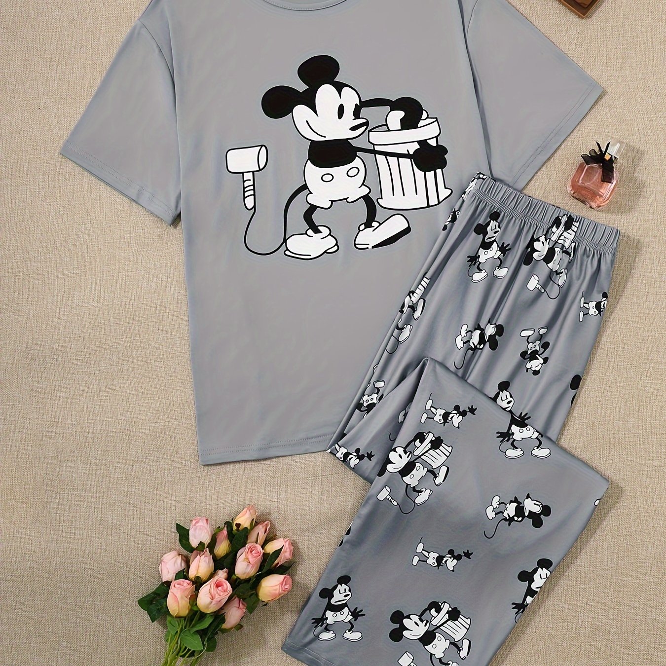 Plus Size Women's Cotton Loungewear Set with Cartoon Mouse Print Pajamas