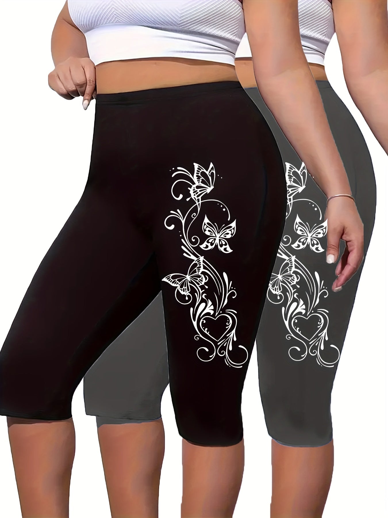 Plus Size Butterfly Print Capri Leggings High Waist Stretchy Spring Summer Women