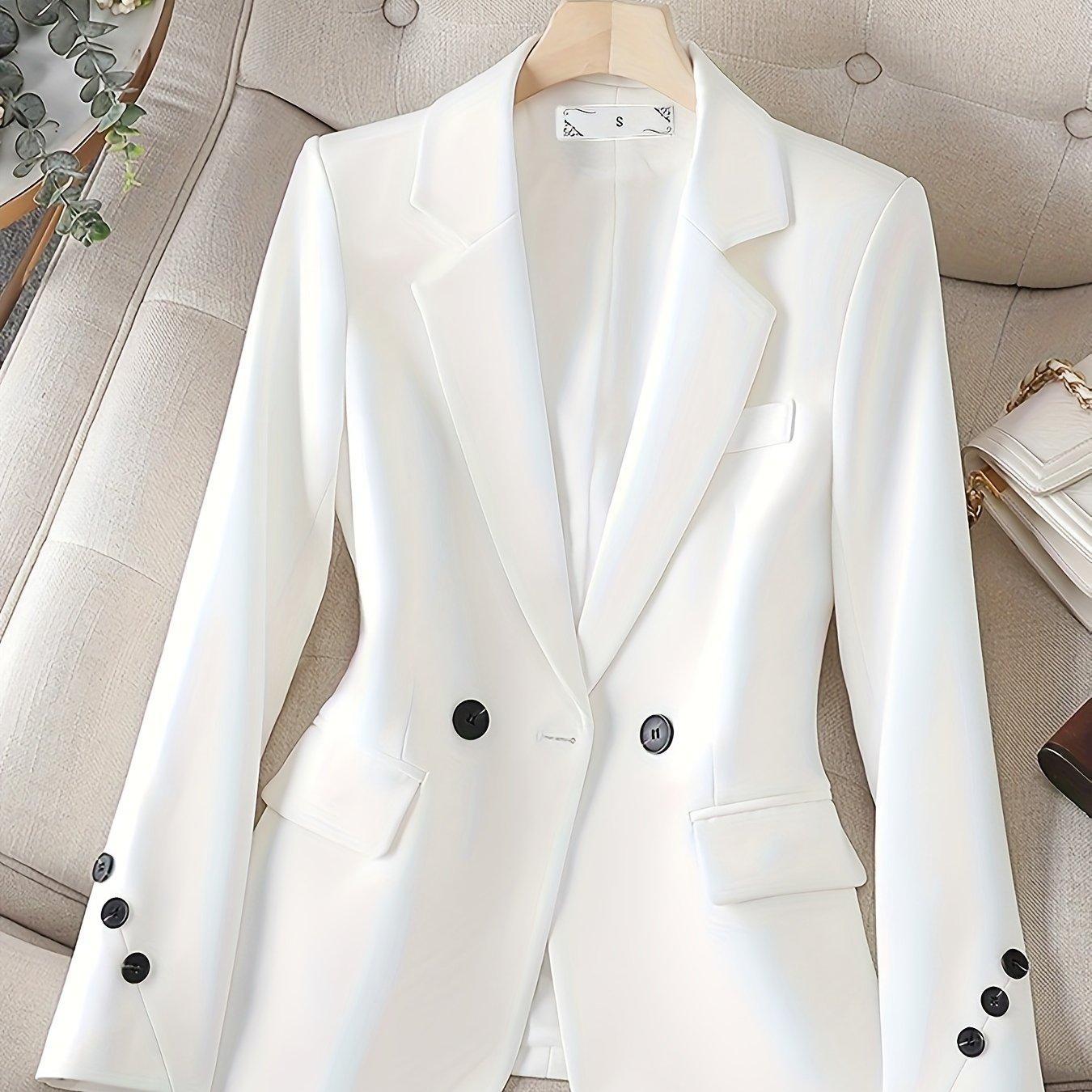 Women's Beige Blazer Long Sleeve Solid Elegant Business Casual Polyester Spandex