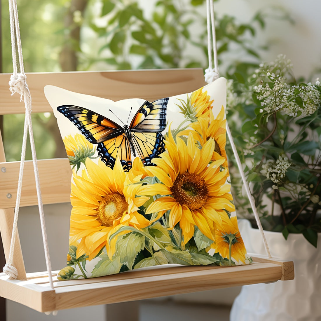 Sunflower Butterfly Design Throw Pillow Cover 45x45cm Peach Skin Velvet Decorative Sofa Bed Bedroom