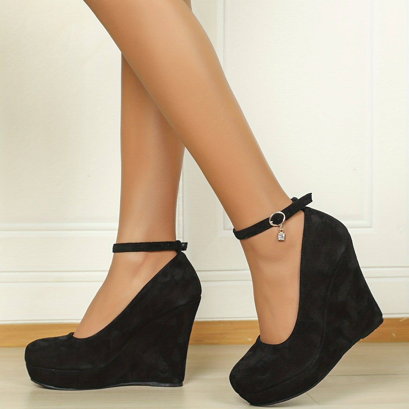 Women's Solid Color Wedge Heel Shoes Platform Pumps with Buckle Strap