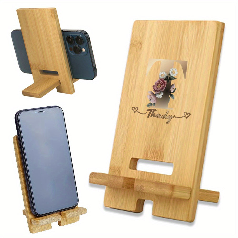 Customized Wooden Phone Stand with Detachable Desk Holder and Engraved Name in Light Brown Cork