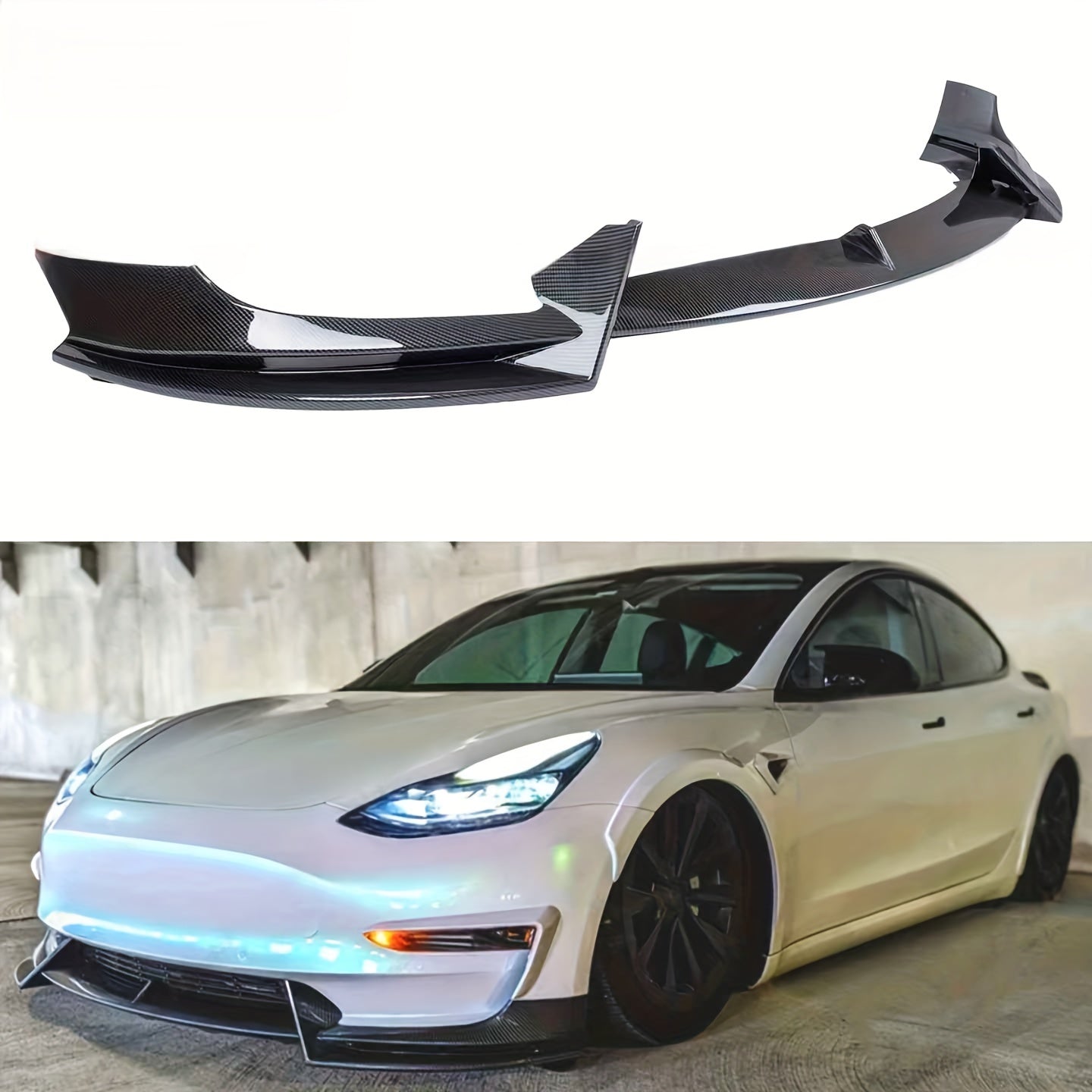 Front Lip Splitter Kit for Tesla Model 3 Glossy Black Carbon Fiber 3pcs