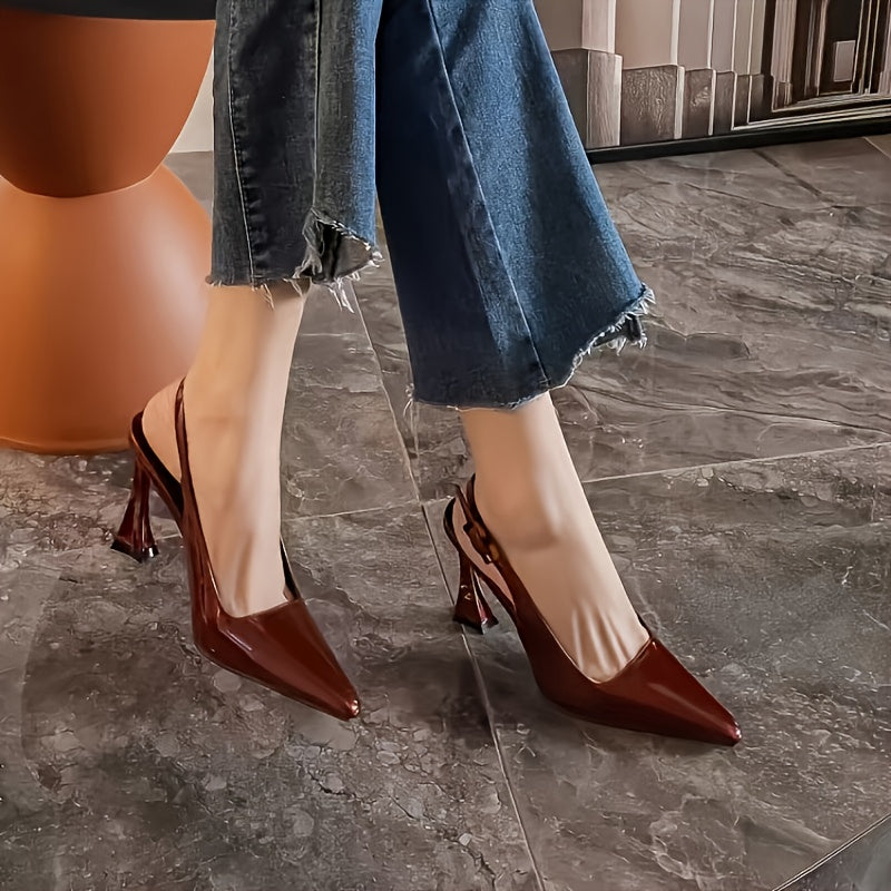 Women's Black Pointed Toe High Heels Glossy Finish Chunky Heel Dress Shoes