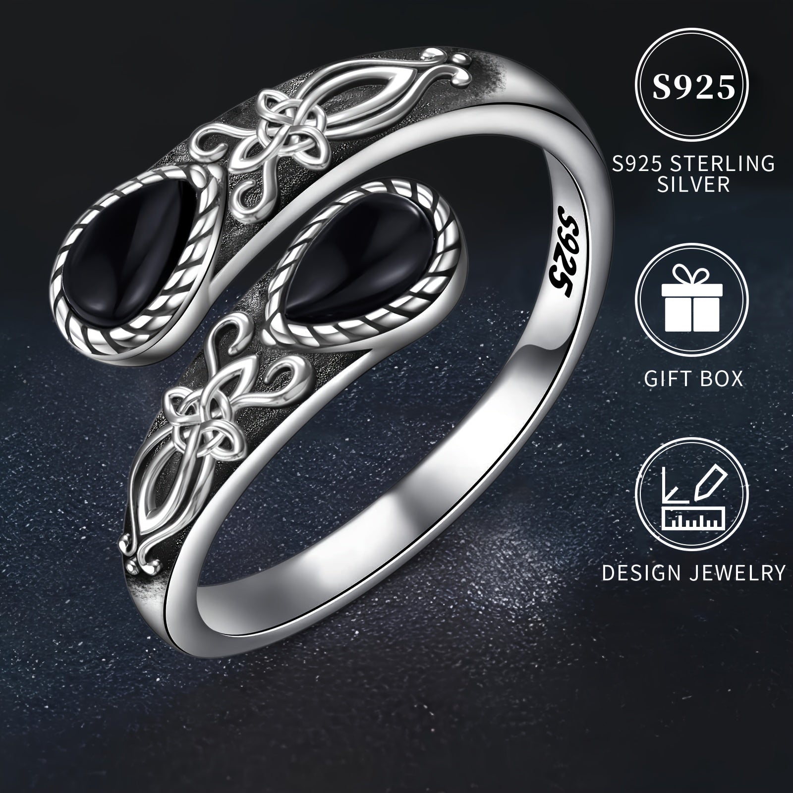 Anillo de nudo celta de plata de ley para mujer con ágata negra, ajustable, joyería de pulgar