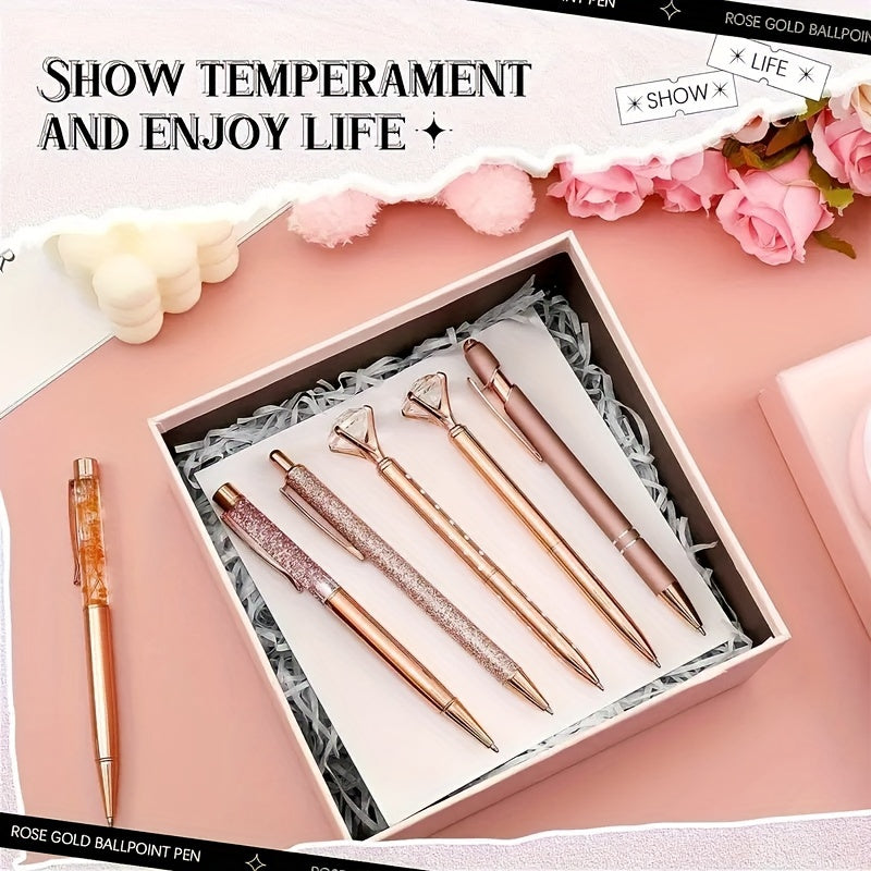 8-Piece Rose Gold Metal Pen Set with Crystal Accents for Office Gifts and Weddings