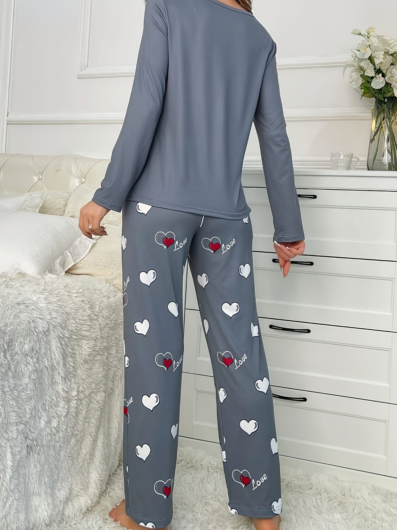 Plus Size Women's Casual Heart Print Long Sleeve Pantsuit