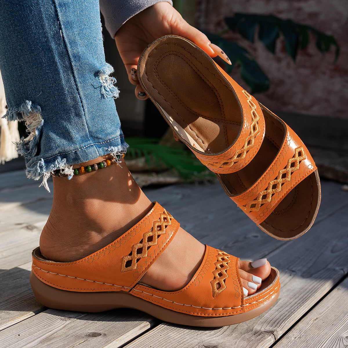 Women's Wedge Sandals Hollow-Out Slip-On Open Toe Synthetic Cover Multiple Colors