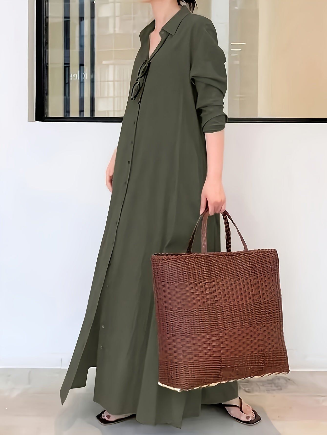 Women's Solid Color Button Front Shirt Dress with Long Sleeves Maxi Style for Spring and Fall