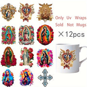 Set of 12 UV DTF Vinyl Stickers Virgin Mary Christian Designs for Coffee Mugs