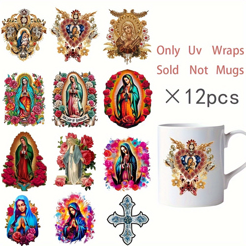 Set of 12 UV DTF Vinyl Stickers Virgin Mary Christian Designs for Coffee Mugs