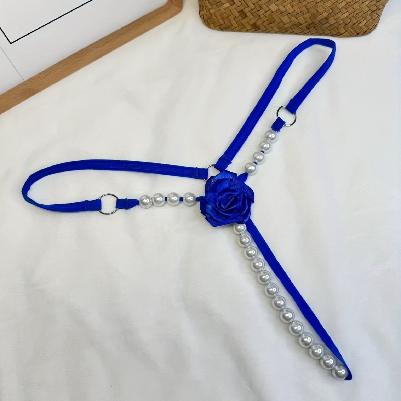 Women's Rose Patch Thong Panties with Faux Pearl Decorations Lingerie