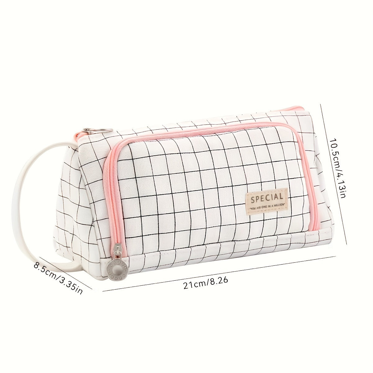 Girls Pink and White Checkered Three-Layer Pencil Case Made of Durable Twill Fabric