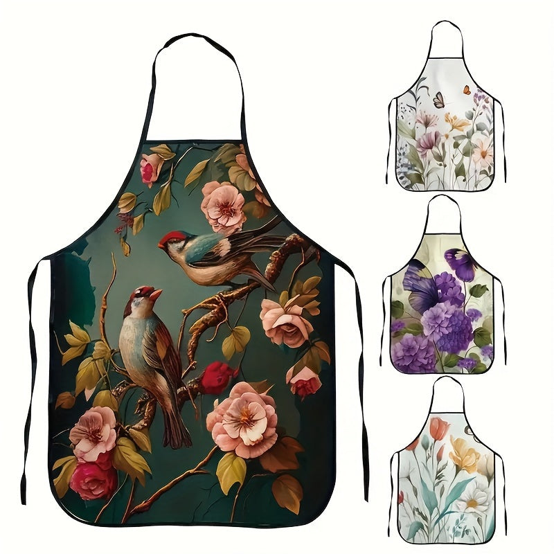 Floral and Bird Print Apron Made of 100% Polyester with Adjustable Neck for Cooking
