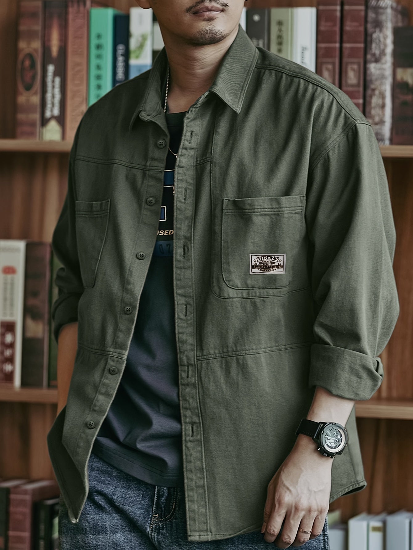 Men's Vintage Casual Cotton Shirt with Loose Fit Pockets Lapel Collar for Spring Fall