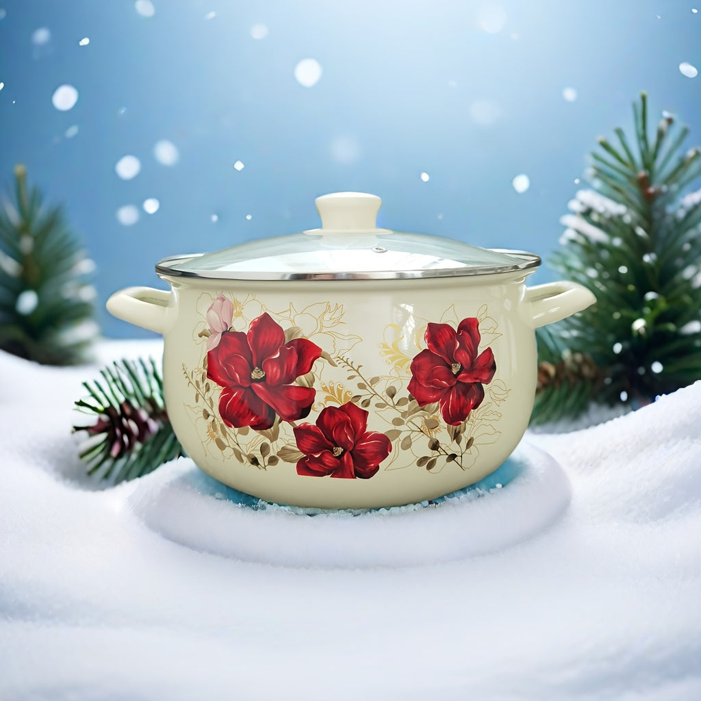 Enamel Fryer with Strainer Double-Ear Soup Pot High-Temperature Resistant for Stew and Cooking