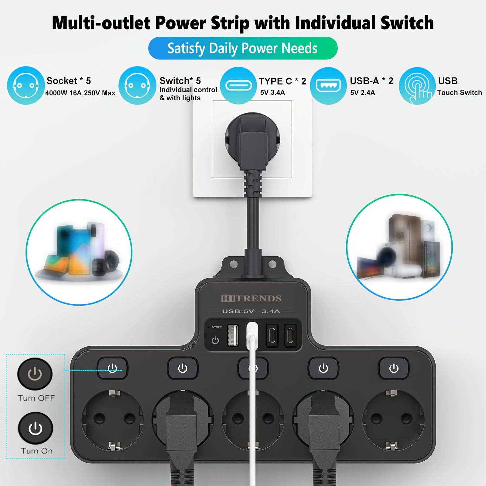 Power Strip with 5 EU Sockets and 4 USB Ports Wall-Mounted Smart Charging