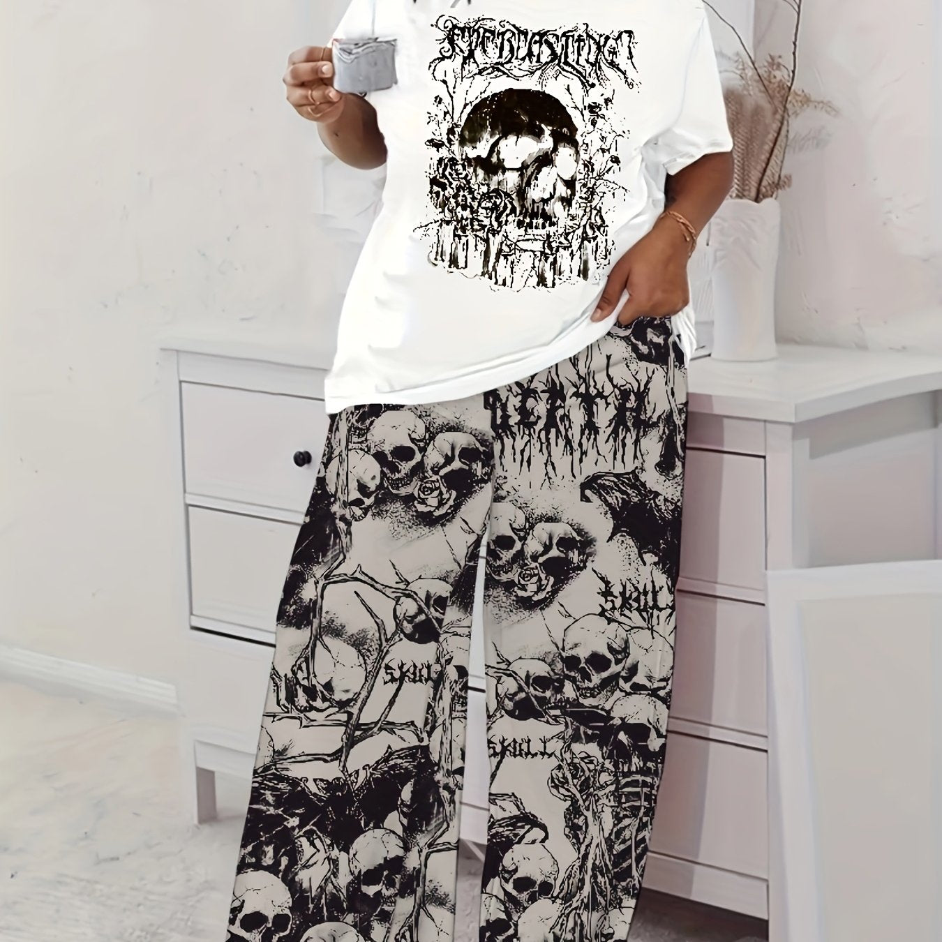 Women's Pajama Set Loose Short Sleeves Gothic Skull Print Nightwear