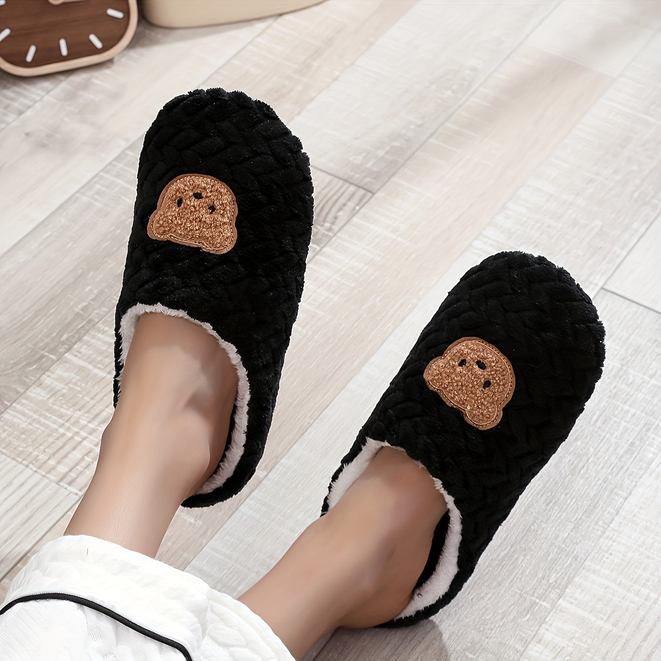 Men's Indoor Slippers with Bear Design Soft Fabric Warm Fuzzy Lining Lightweight Black White