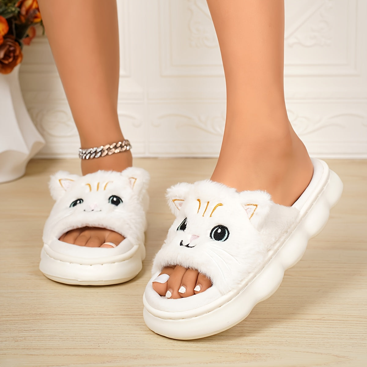 Women Cat Slippers Soft Fabric EVA Sole Breathable Casual Home Footwear