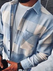 Katta o'lchamdagi erkaklar uchun ko'k va oq tekis chiziqli uzun yengli ko'ylak, tasodifiy kuz/qish uslubi, tugmachali yaka, polyester mato, mashinada yuvish mumkin.