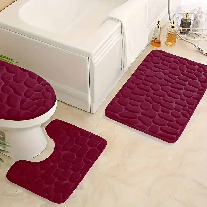 Set of 3 Geometric Bath Rugs with Memory Foam Non-Slip Bathroom Mats