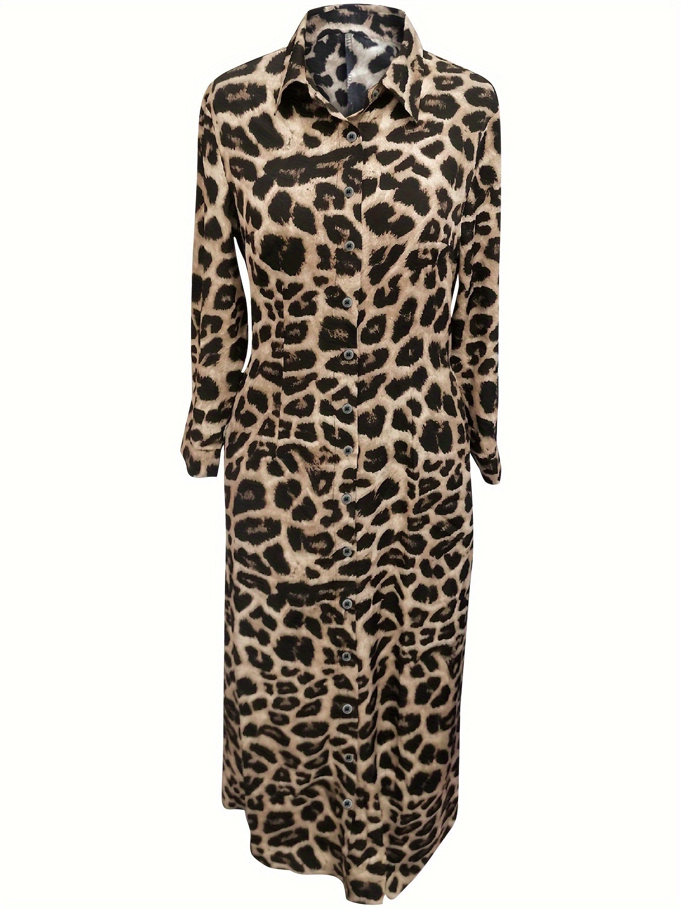 Women's Leopard Print Maxi Dress with Button Front for Fall and Spring