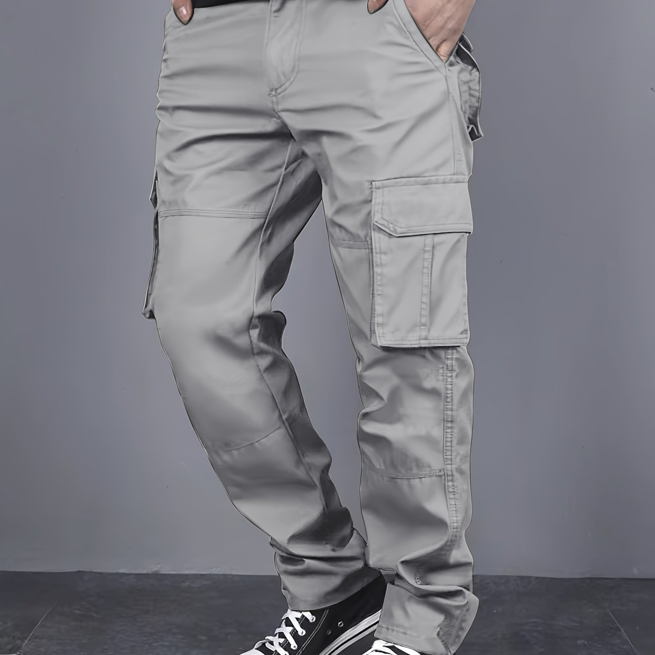 Men Solid Color Cargo Pants with Multiple Flap Pockets and Drawstring Waist for Outdoor Activities