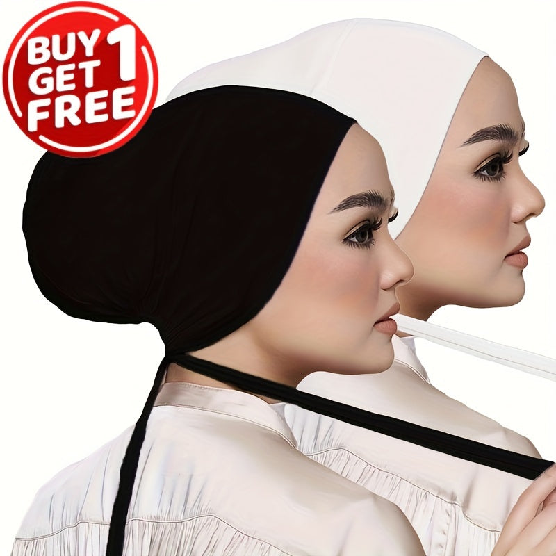 Set of 2 Solid Color Tied Back Undercaps with Elastic Inner Hijab Caps for Women