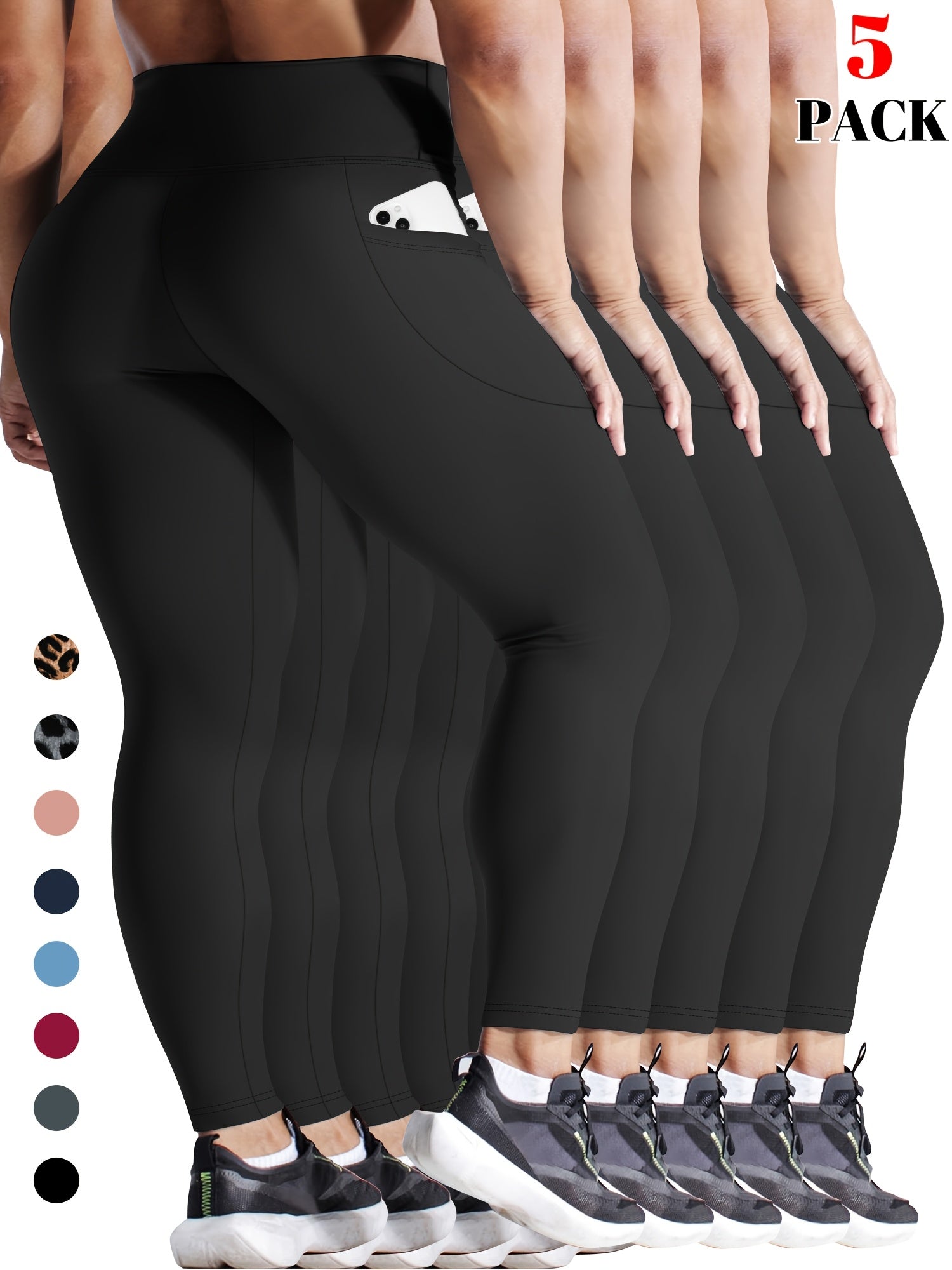 Women's High Waist Tummy Control Yoga Leggings with Pockets Black Red Blue Pink