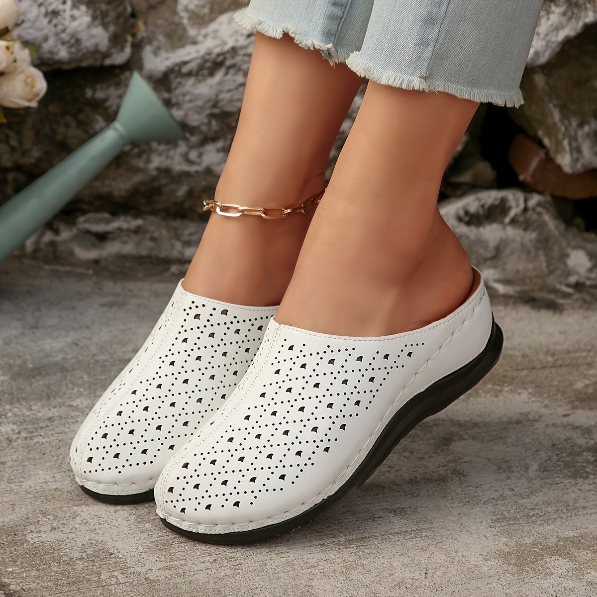 Women's Slip-On Platform Mules with Cut-Out Design Breathable PU Black White