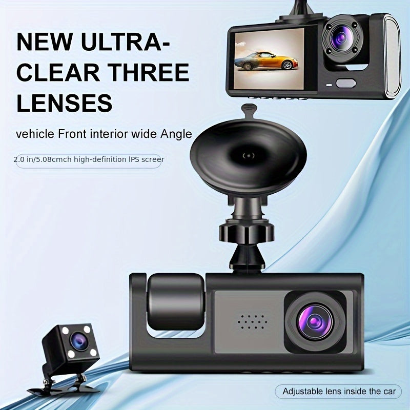 3-Channel Car Dash Camera with 1080P Night Vision and Wide-Angle Lenses