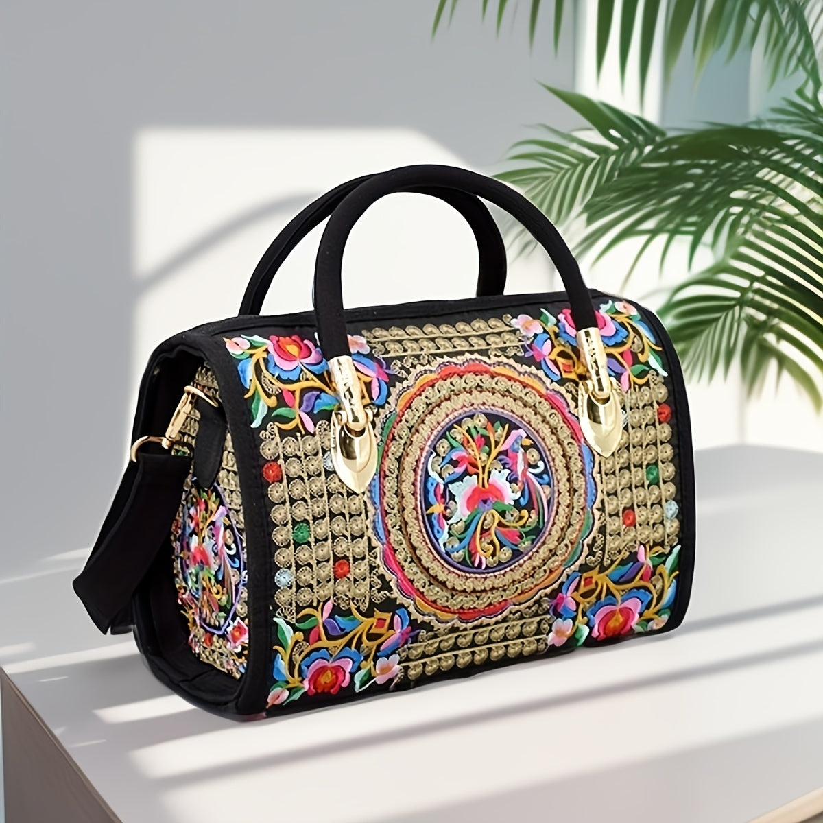 Vintage Embroidered Canvas Tote Bag for Women Bohemian Light Yellow