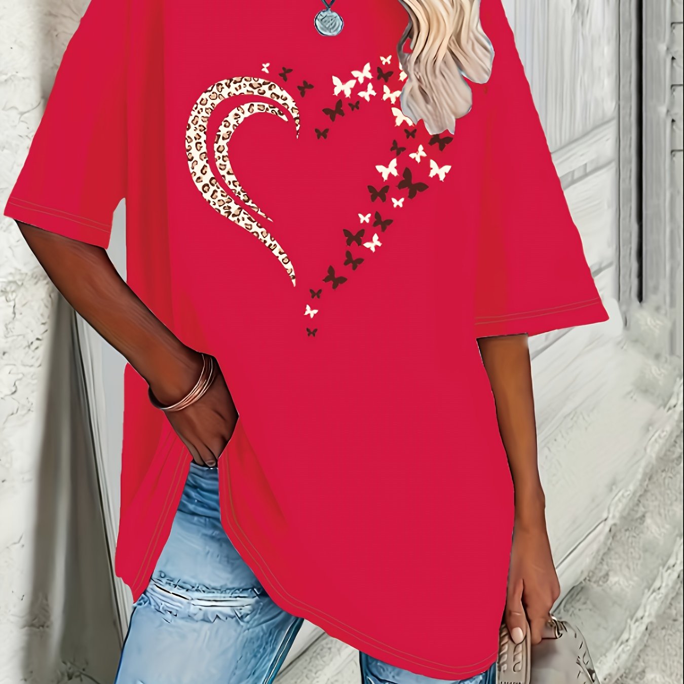 Plus Size Women's Light Blue Floral Heart T-Shirt Casual Short Sleeve Loose Fit