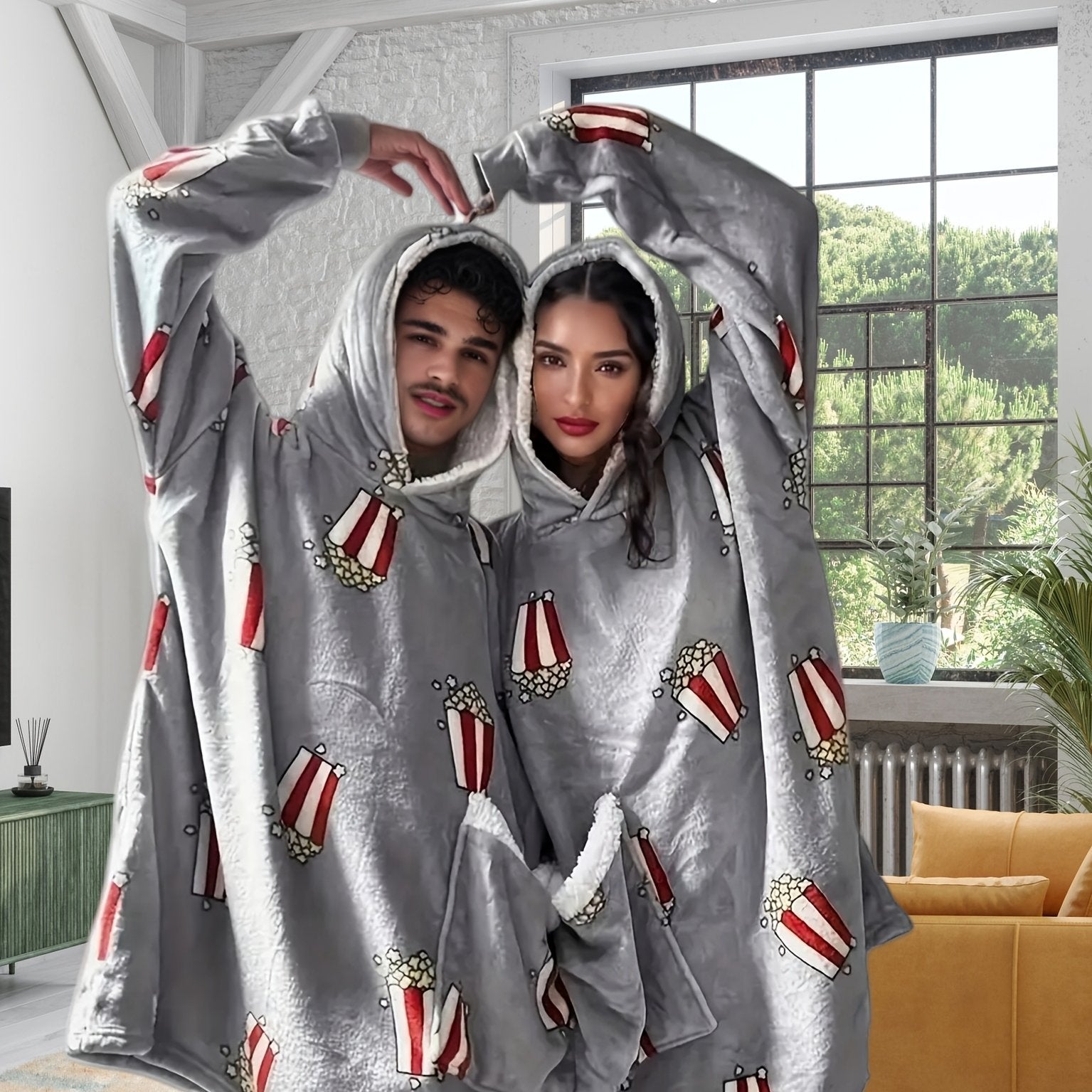 Gray Cartoon Couple Hooded Sweatshirt for Home Sleepwear in Polyester