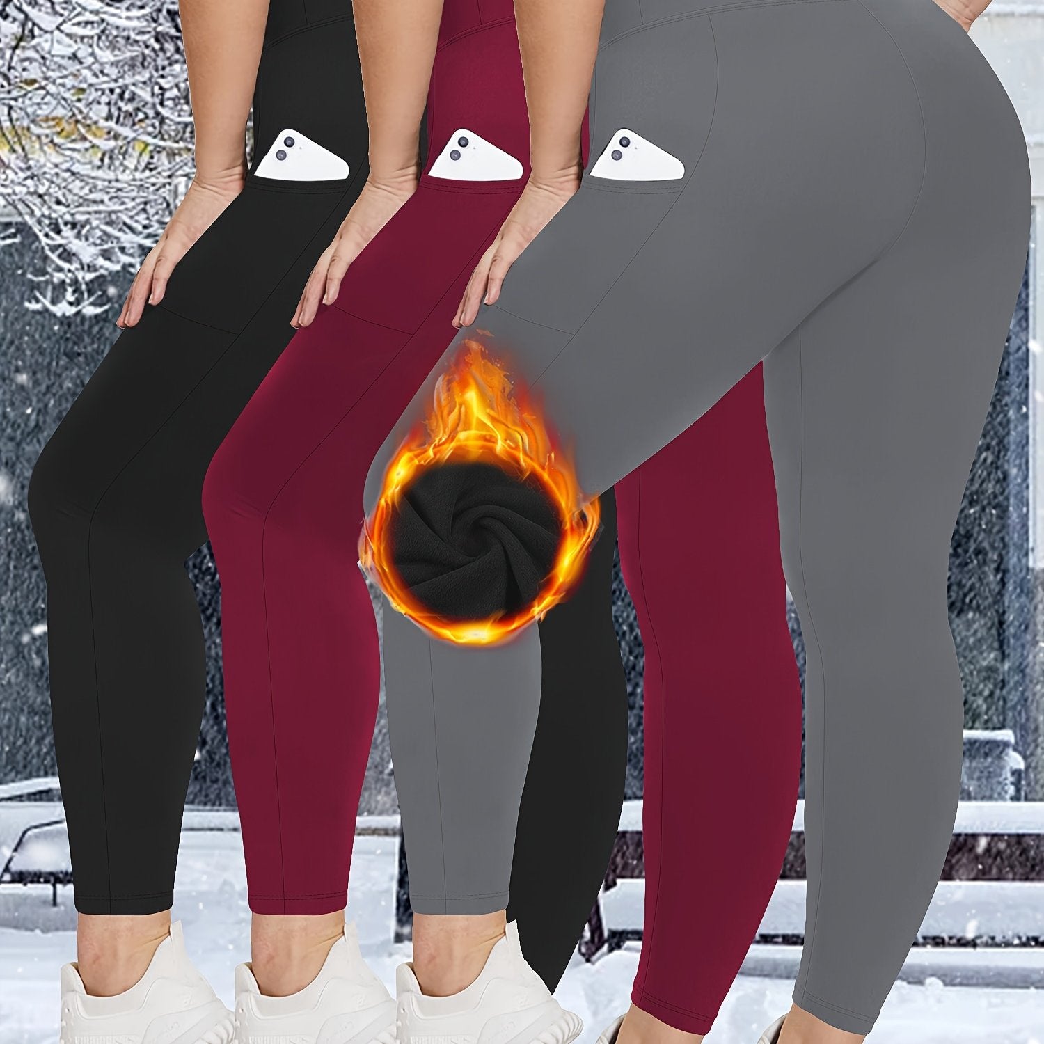 Plus Size Fleece-Lined Leggings High Waist Pockets Knit Solid Color