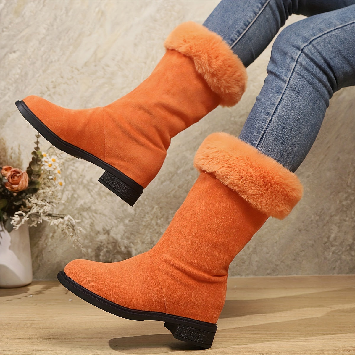 Women's Winter Mid-Calf Boots Soft Plush Cuff Slip-On Platform Waterproof