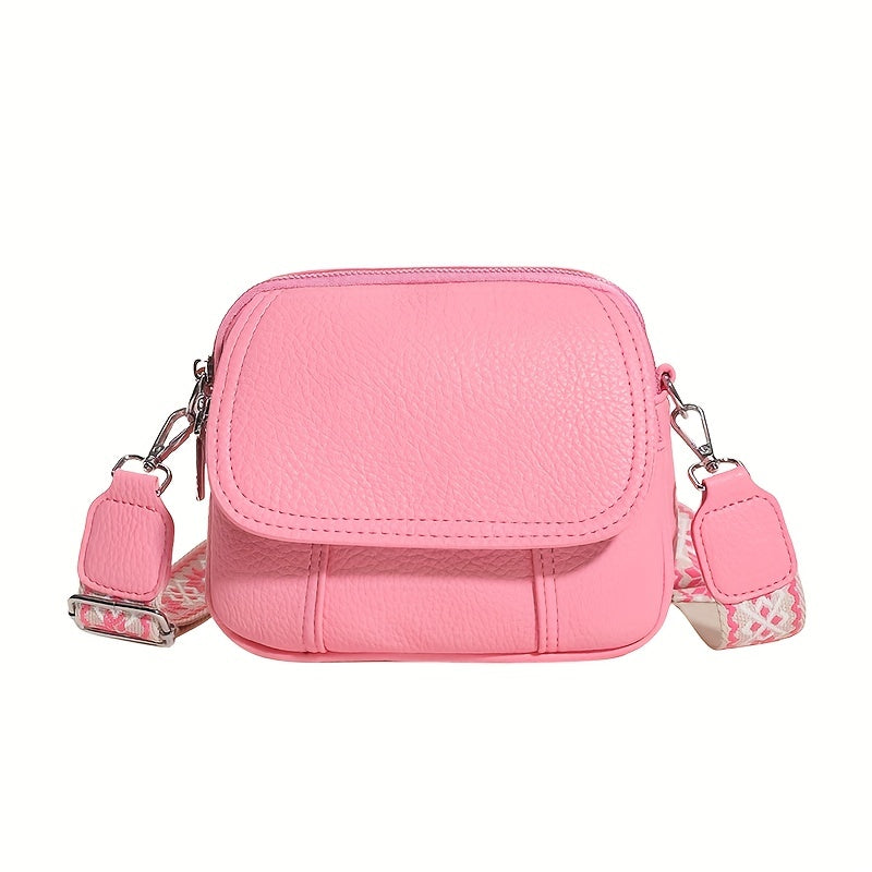 Square Crossbody Bag with Wide Strap Zipper in Solid Color PU Material