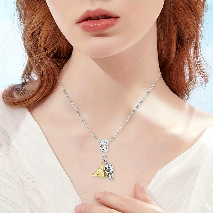 Silver Pyramid Mummy Pendant with Cubic Zirconia Gothic Jewelry for Women