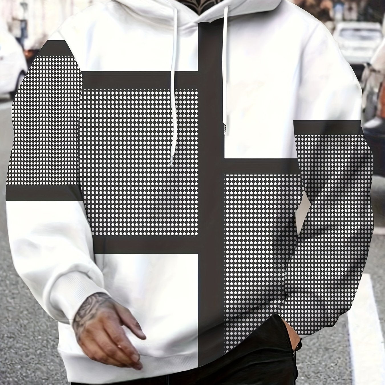 Erkaklar uchun raqamli bosma kapüşonli sviter, polyester matodan, uzun yenglar, ozgina cho'zilish, naqshli dizayn va katta o'lchamlarda mavjud.