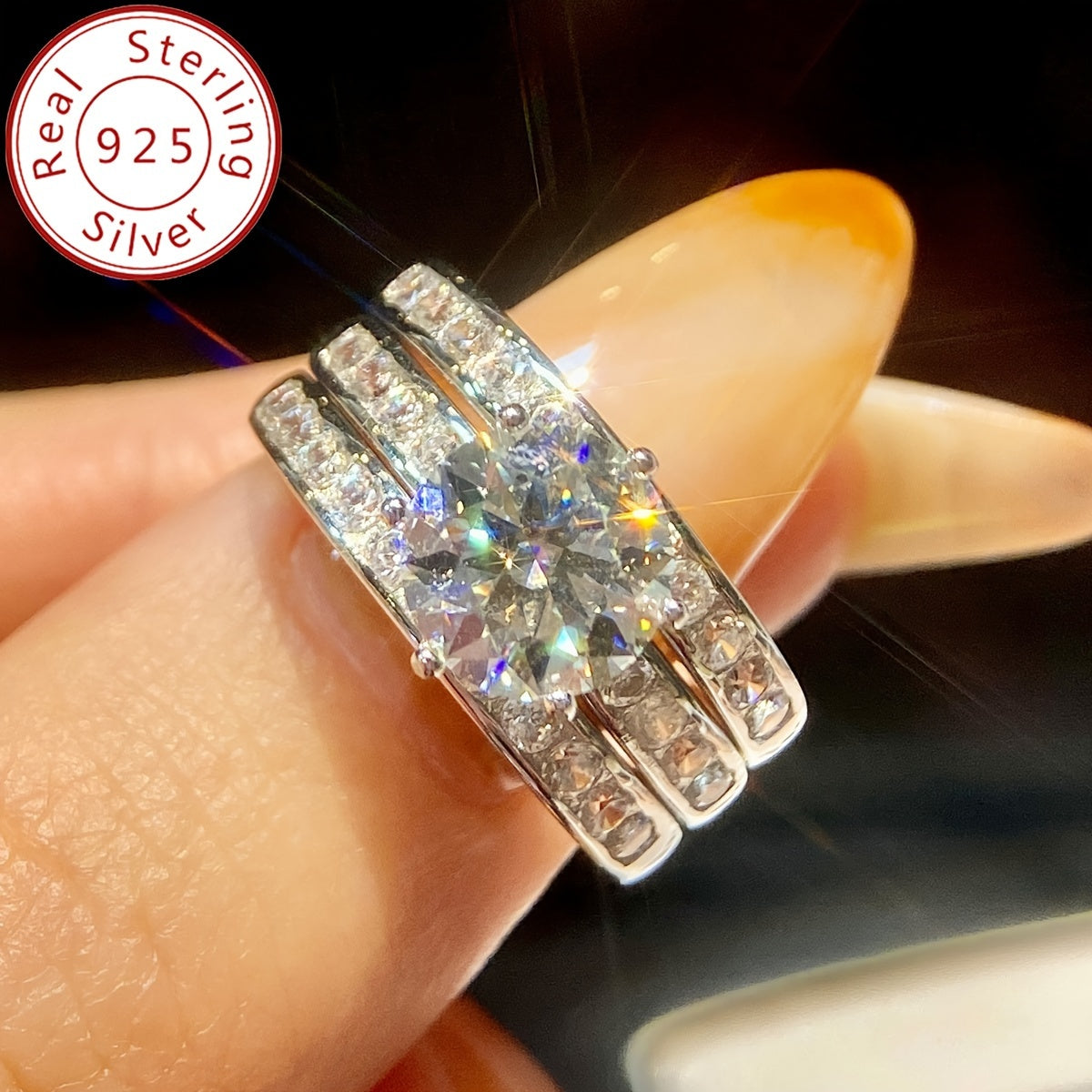 Ayollar uchun zargarlik to'plami, 2 karat Moissanit bilan to'y uzuk va mos keladigan uzuklar bilan