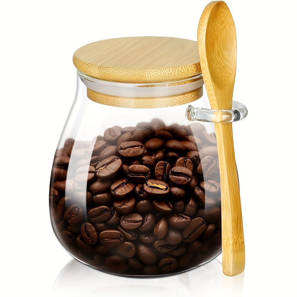 Tarro de vidrio para té con tapa de madera y cuchara, 350 ml, almacenamiento para hojas de té sueltas